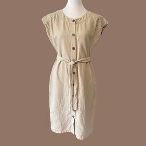 Linen & Silk Blend Button-Down Belted Midi Dress Tan Breathable Lined Size 4